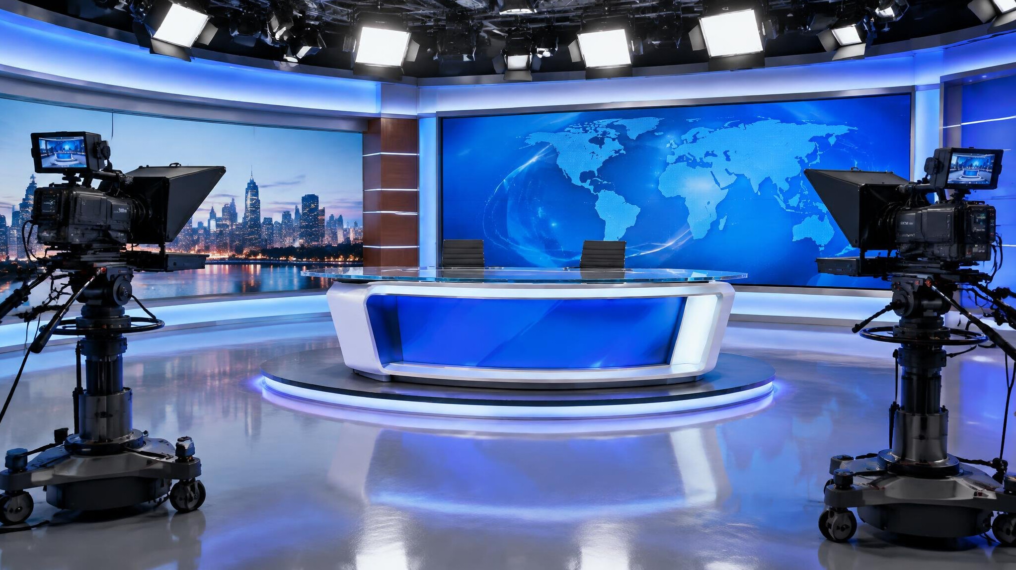 Modern television news studio with desk, cameras and studio lights